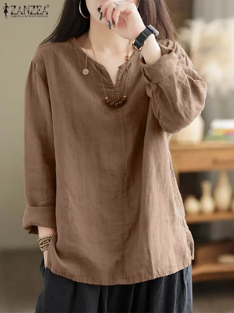 ZANZEA Women's Cotton Tunic Blouse — V-Neck Long Sleeve Loose Work Shirt