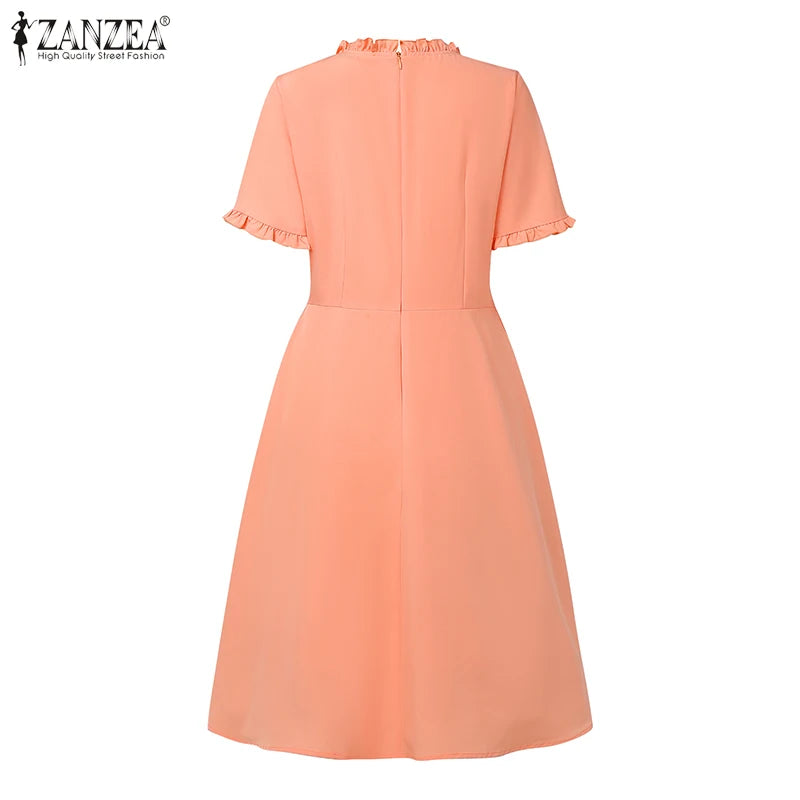ZANZEA Women's Pleated Midi Dress — Short Sleeve O-Neck Office Sundress