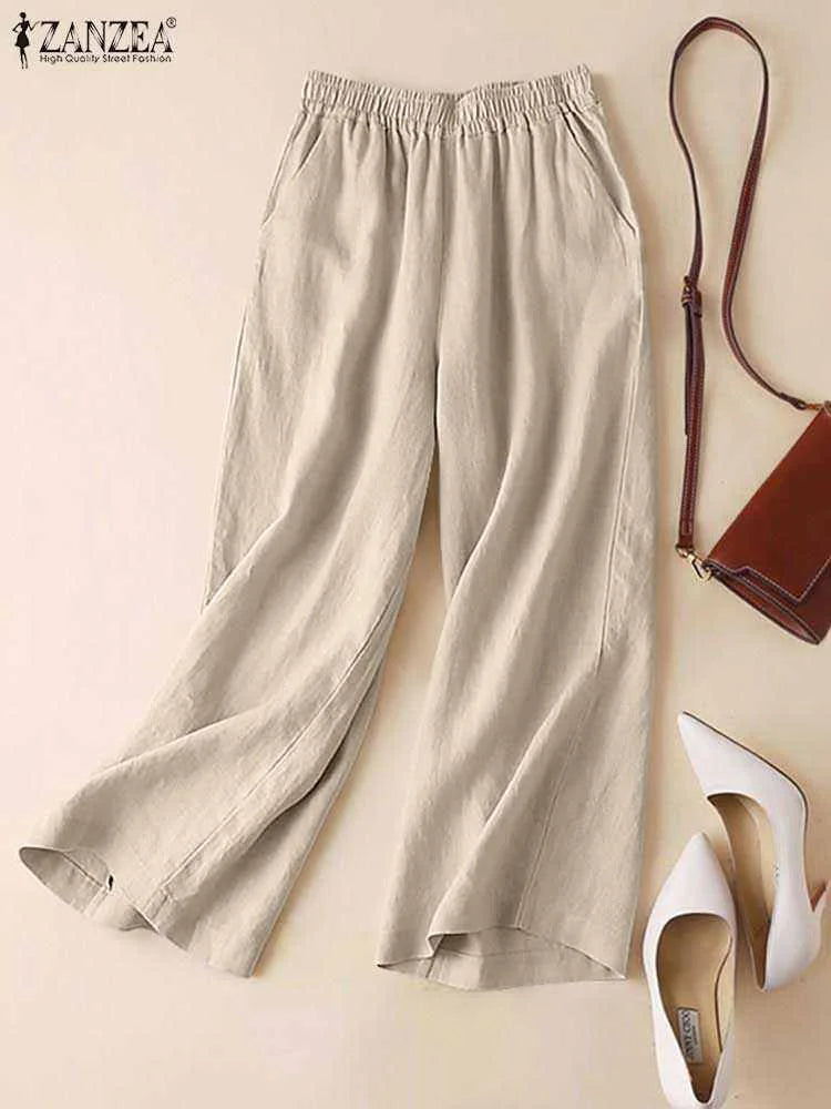 ZANZEA Women's Wide Leg Palazzo Pants — Elastic Waist Cotton Trousers