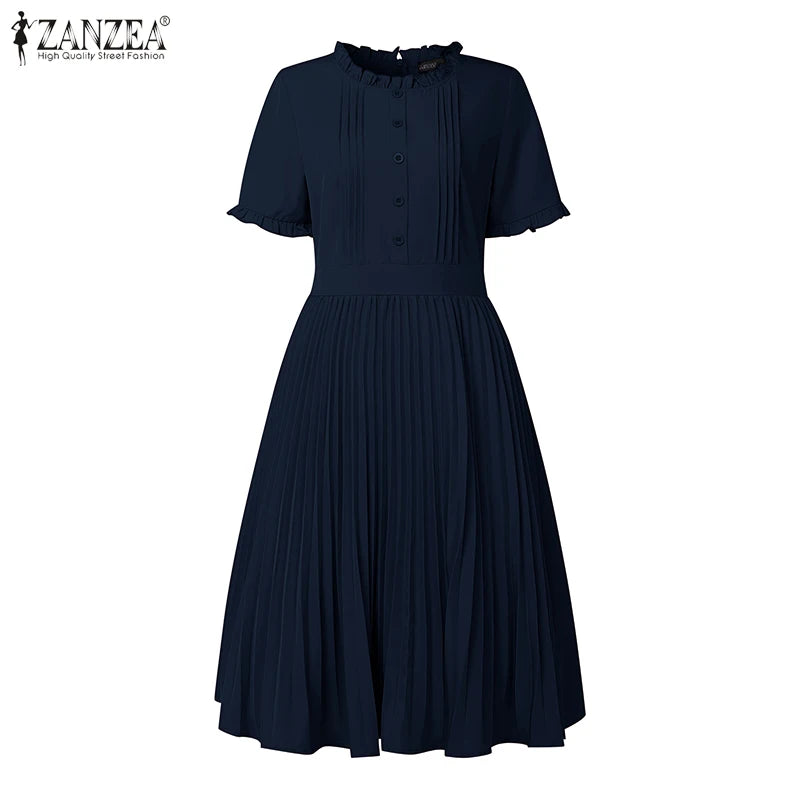ZANZEA Women's Pleated Midi Dress — Short Sleeve O-Neck Office Sundress