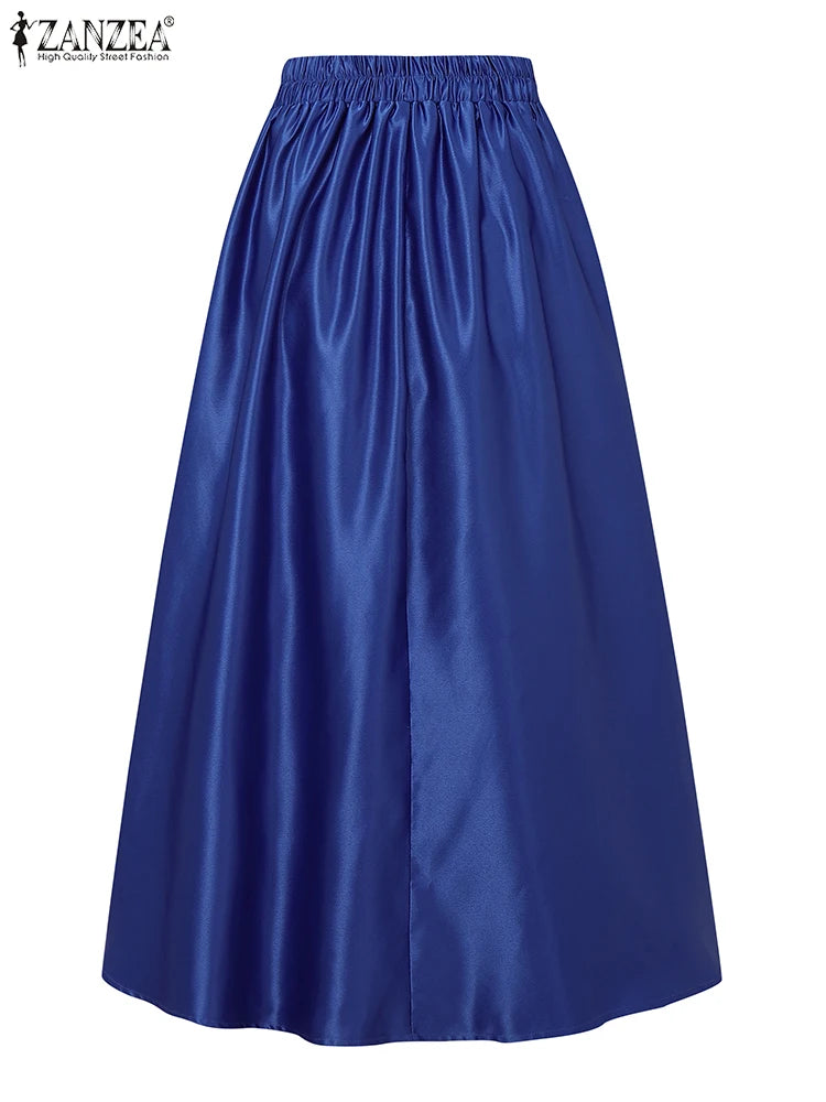 ZANZEA Women's Satin Midi Skirt — High Waist A-Line Elegant Party Skirt