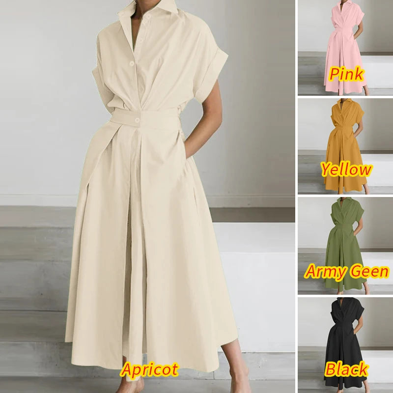 ZANZEA Women's A-Line Work Dress — Lapel Neck Short Sleeve Elegant Sundress