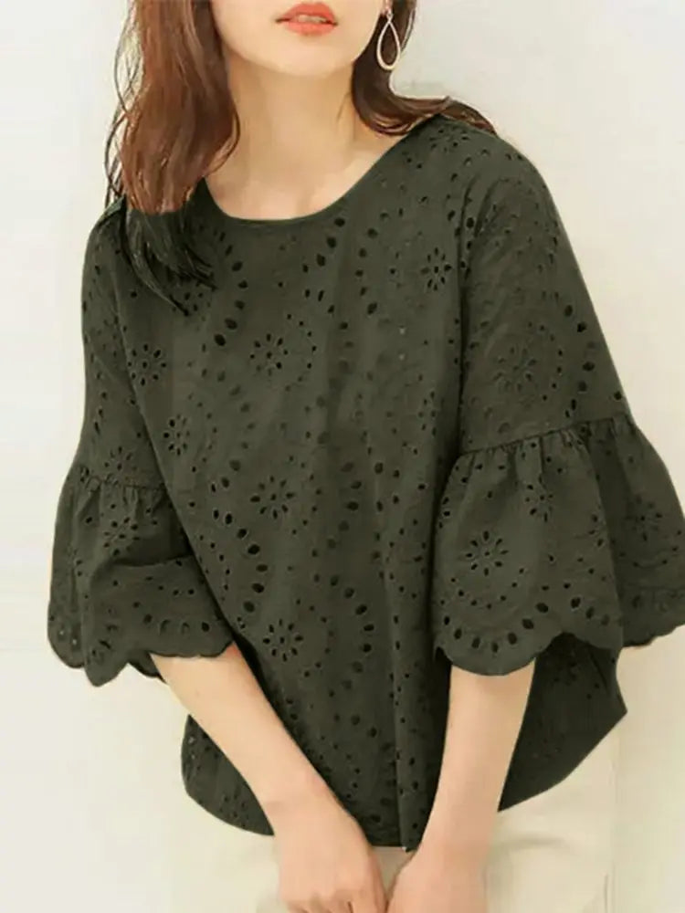 ZANZEA Women's Lace Crochet Blouse — 3/4 Sleeve Hollow Out Embroidery Work Top