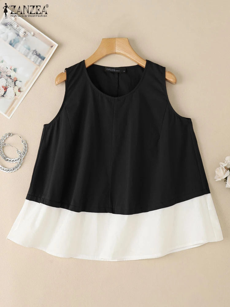 ZANZEA Women's Contrast Patchwork Tank Top — Loose Sleeveless Cotton Cami