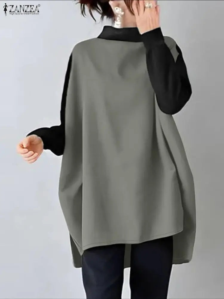 ZANZEA Women's Contrast Patchwork Pullover — Oversized Long Sleeve Stand Collar Top