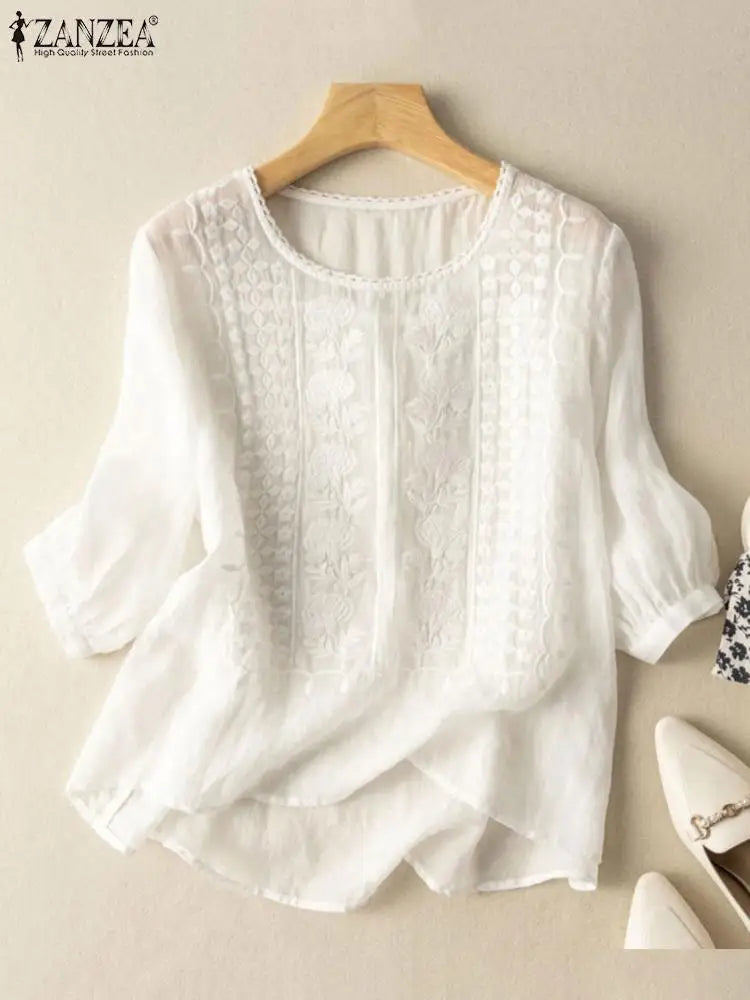 ZANZEA Women's Lace Crochet Blouse — 3/4 Puff Sleeve Embroidered Cotton Top