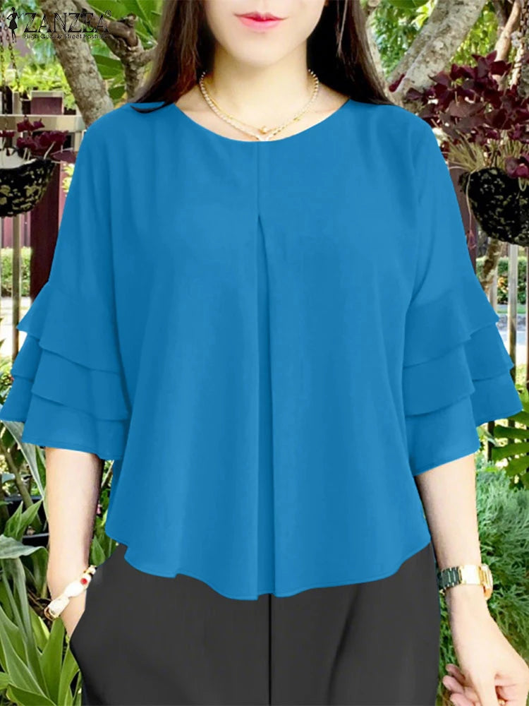 ZANZEA Women's Pleated Work Blouse — 3/4 Butterfly Sleeve Tunic Top