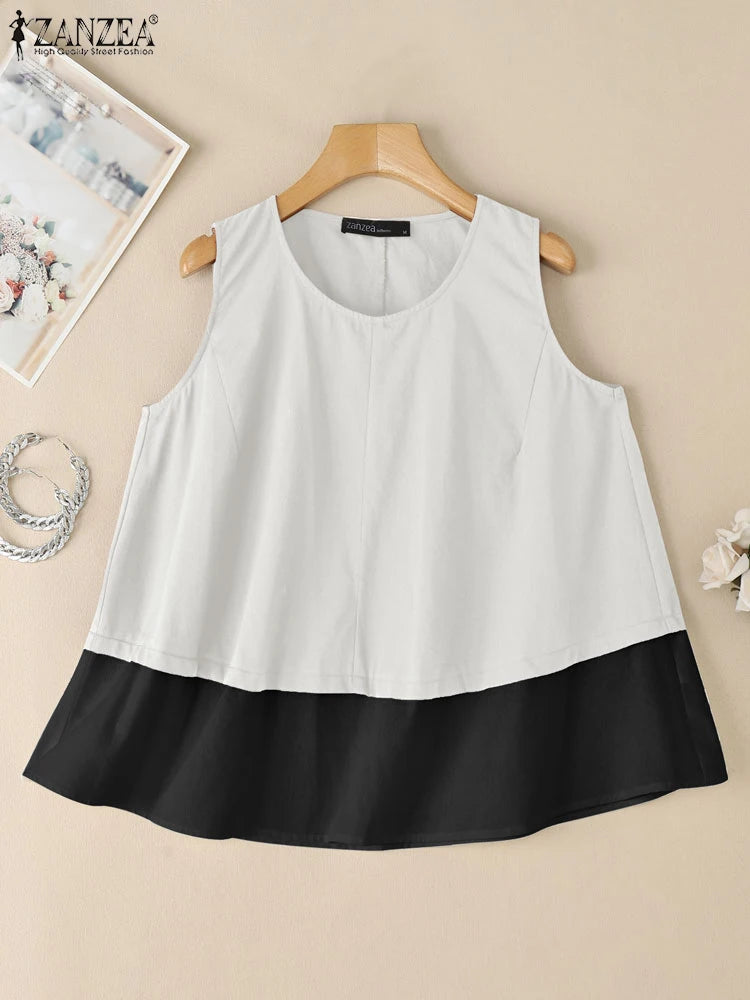 ZANZEA Women's Contrast Patchwork Tank Top — Loose Sleeveless Cotton Cami