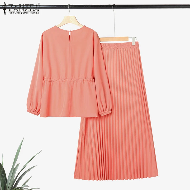 ZANZEA Women's 2-Piece Work Set — Long Sleeve Top & Pleated Maxi Skirt Outfit