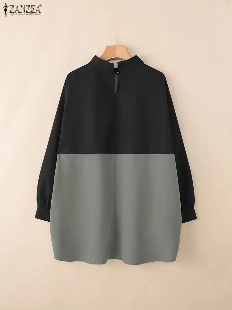 ZANZEA Women's Contrast Patchwork Pullover — Oversized Long Sleeve Stand Collar Top