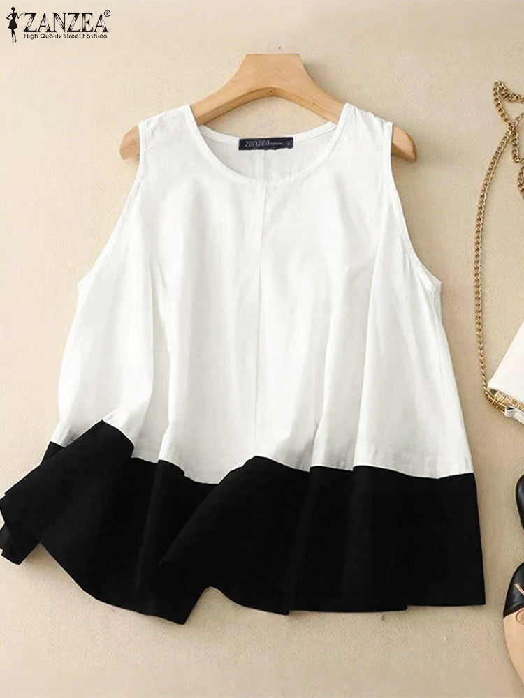 ZANZEA Women's Contrast Patchwork Tank Top — Loose Sleeveless Cotton Cami