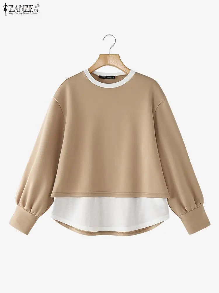 ZANZEA Women's Patchwork Sweatshirt — Fake 2-Piece Long Sleeve Pullover Top