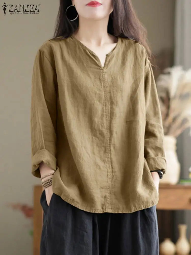 ZANZEA Women's Cotton Tunic Blouse — V-Neck Long Sleeve Loose Work Shirt