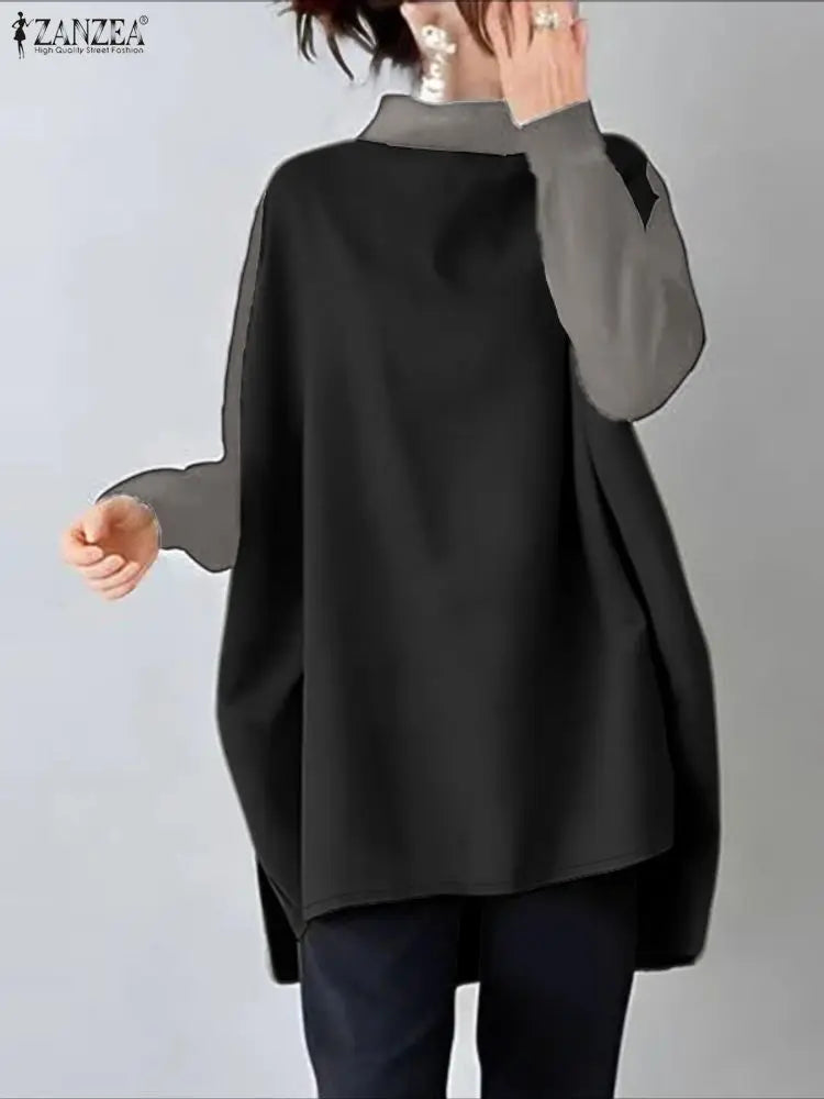 ZANZEA Women's Contrast Patchwork Pullover — Oversized Long Sleeve Stand Collar Top