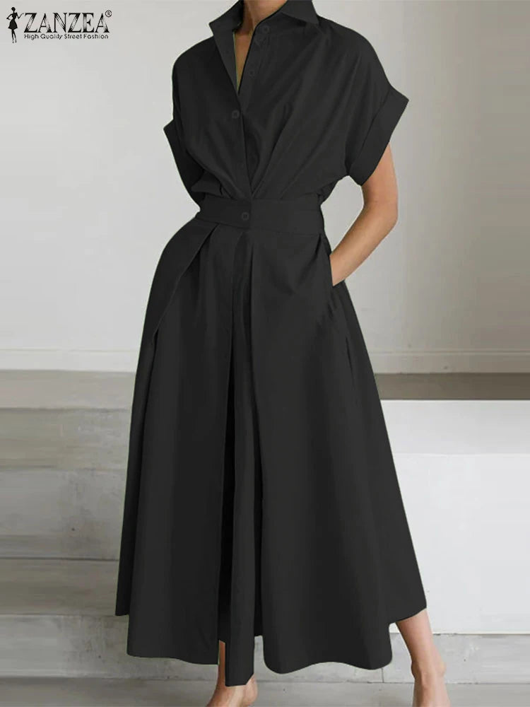 ZANZEA Women's A-Line Work Dress — Lapel Neck Short Sleeve Elegant Sundress