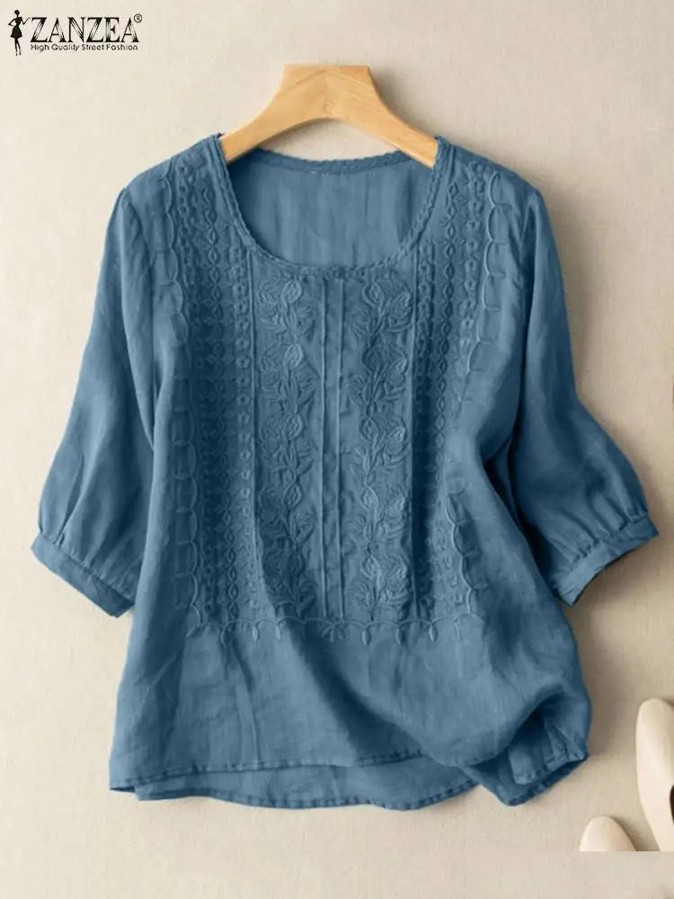 ZANZEA Women's Lace Crochet Blouse — 3/4 Puff Sleeve Embroidered Cotton Top