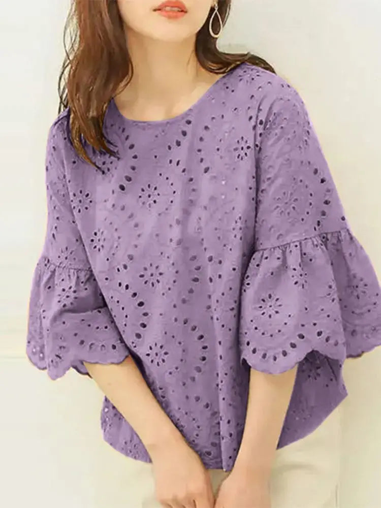 ZANZEA Women's Lace Crochet Blouse — 3/4 Sleeve Hollow Out Embroidery Work Top