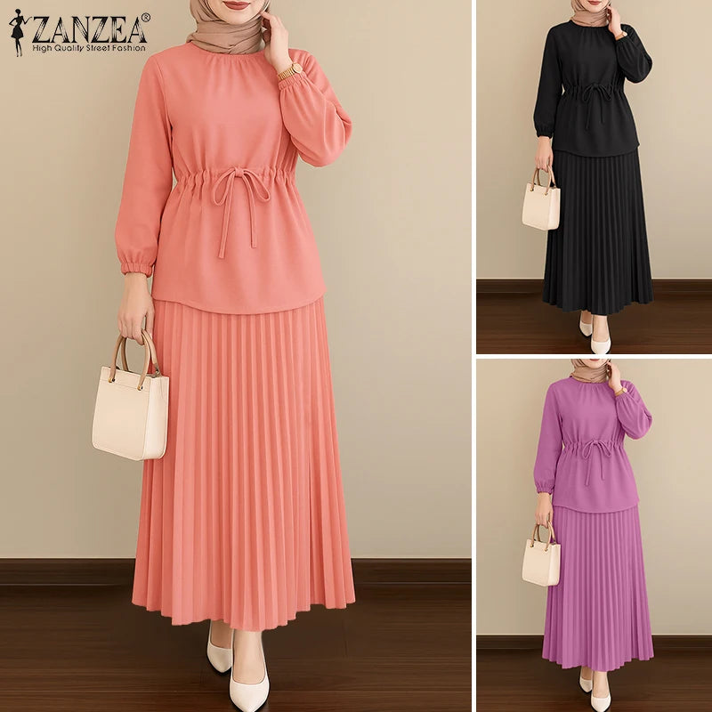 ZANZEA Women's 2-Piece Work Set — Long Sleeve Top & Pleated Maxi Skirt Outfit
