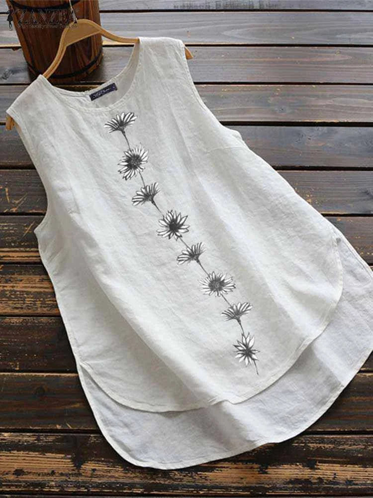 ZANZEA Women's Floral Print Tank Top — Sleeveless Cotton High-Low Blouse