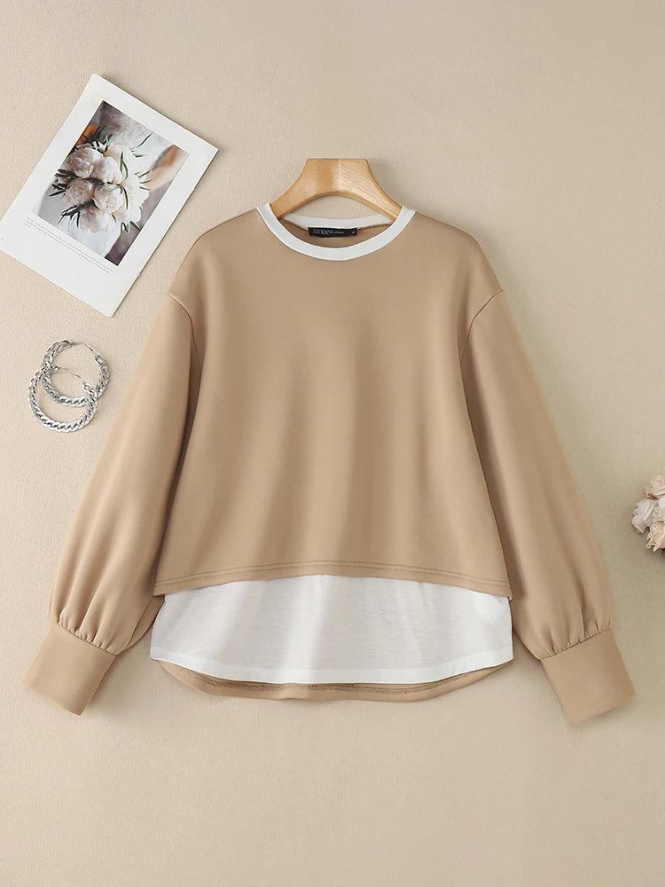 ZANZEA Women's Patchwork Sweatshirt — Fake 2-Piece Long Sleeve Pullover Top