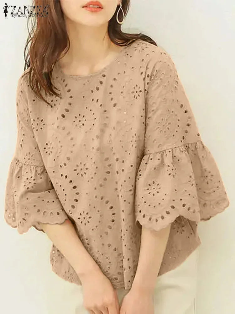 ZANZEA Women's Lace Crochet Blouse — 3/4 Sleeve Hollow Out Embroidery Work Top