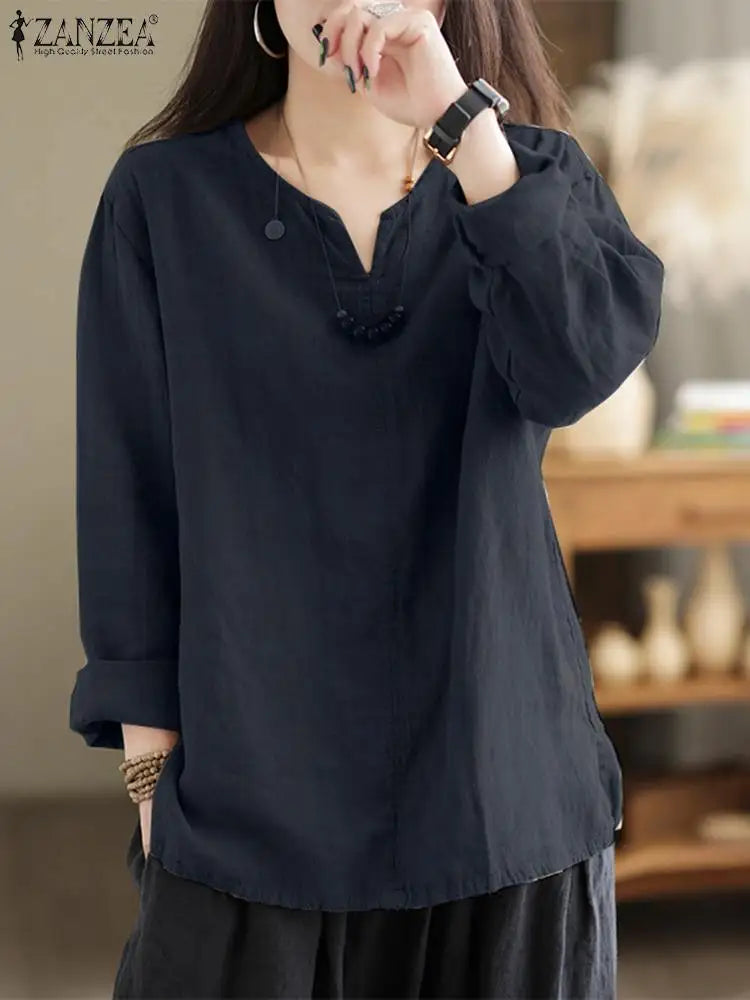 ZANZEA Women's Cotton Tunic Blouse — V-Neck Long Sleeve Loose Work Shirt
