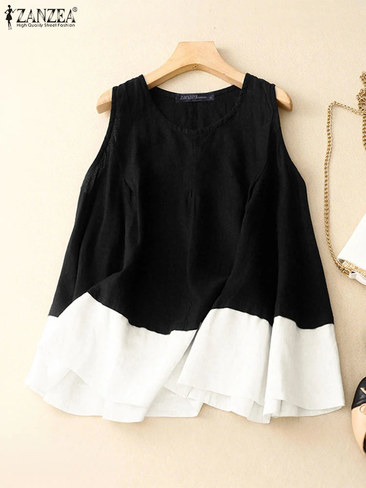 ZANZEA Women's Contrast Patchwork Tank Top — Loose Sleeveless Cotton Cami