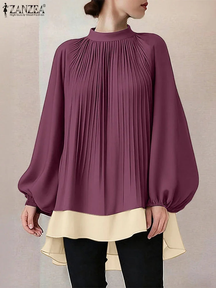 ZANZEA Women's Patchwork Blouse — Long Lantern Sleeve Pleated Work Shirt