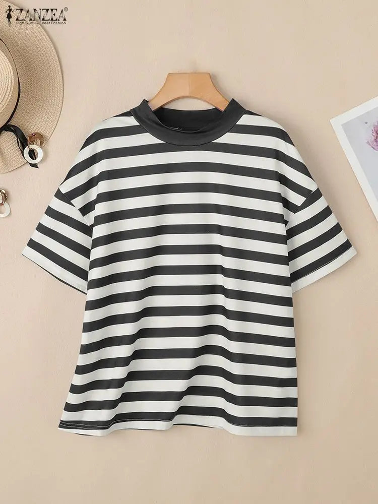 ZANZEA Women's Striped Blouse — Half Sleeve Stand Collar Office Top