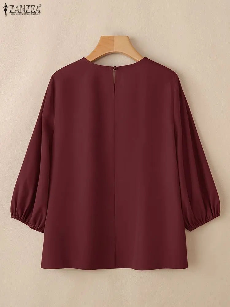 ZANZEA Women's Lantern Sleeve Blouse — 3/4 Sleeve Elegant O-Neck Work Top