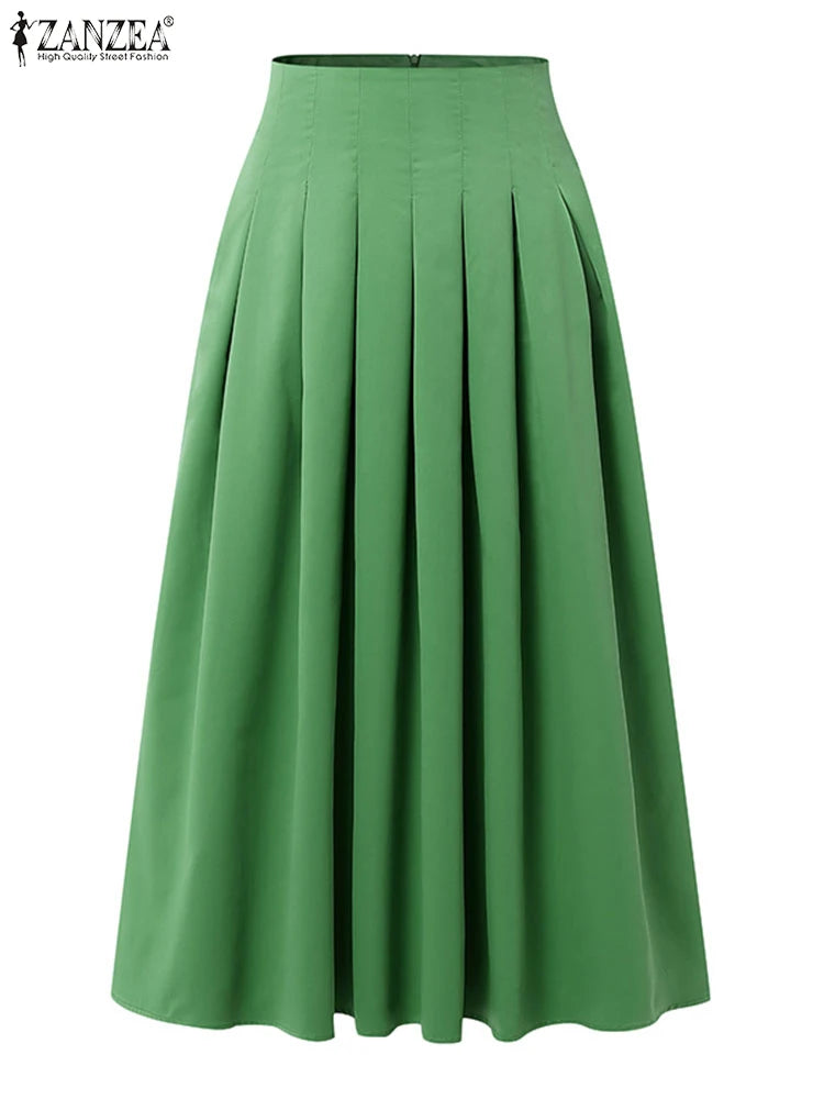 ZANZEA Women's Pleated A-Line Maxi Skirt — High Waist Elegant Long Skirt