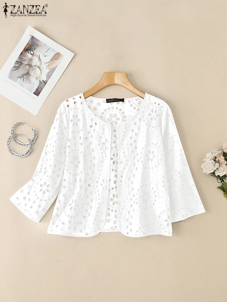 ZANZEA Women's Hollow Out Cardigan — 3/4 Sleeve Lace Kimono Top