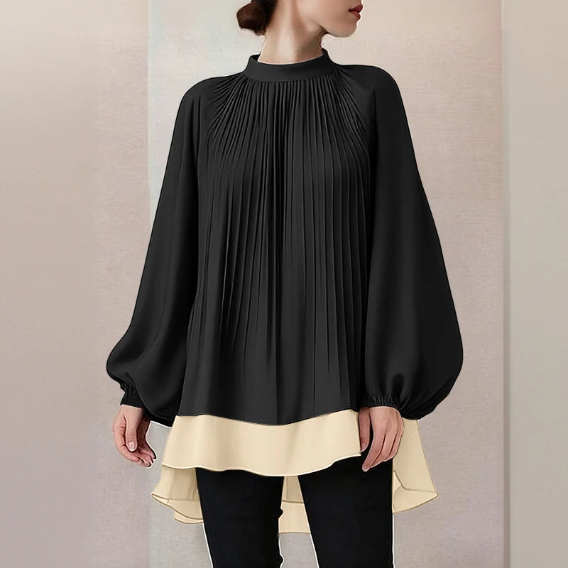 ZANZEA Women's Patchwork Blouse — Long Lantern Sleeve Pleated Work Shirt