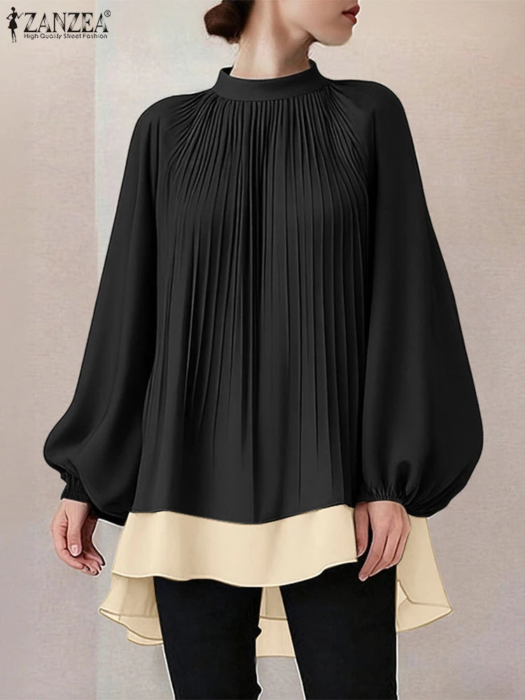 ZANZEA Women's Patchwork Blouse — Long Lantern Sleeve Pleated Work Shirt