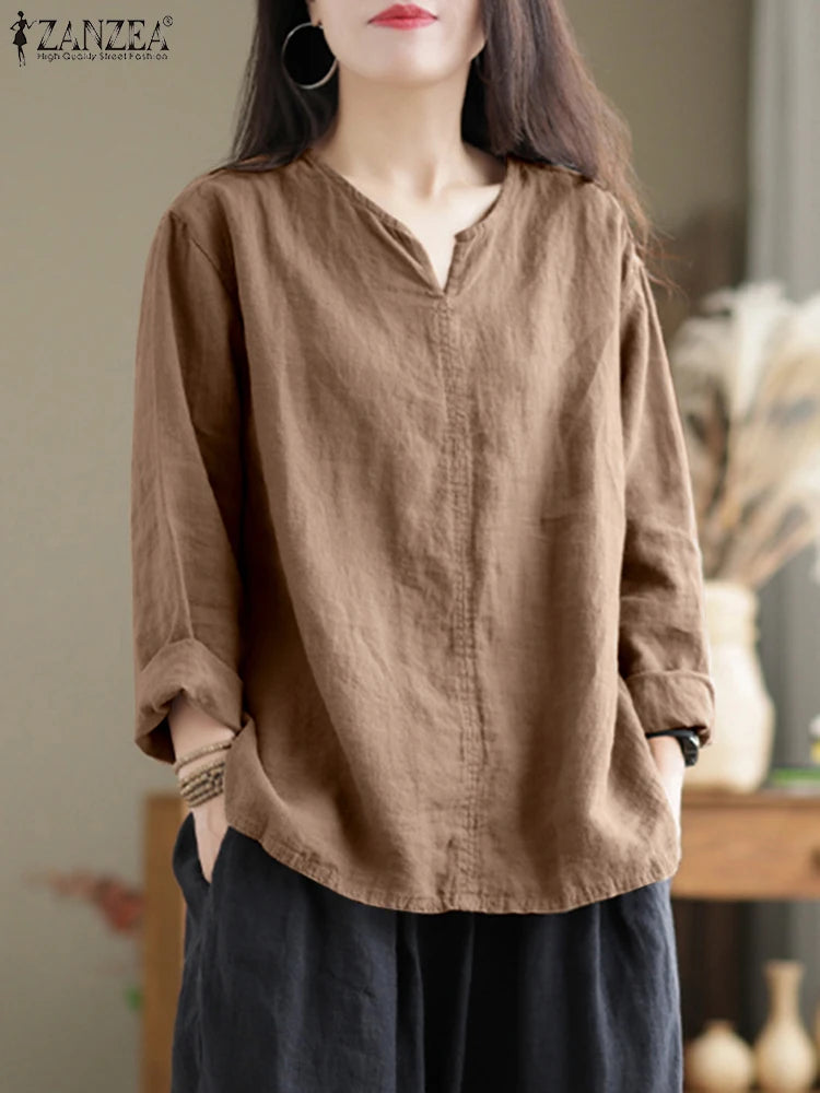 ZANZEA Women's Cotton Tunic Blouse — V-Neck Long Sleeve Loose Work Shirt