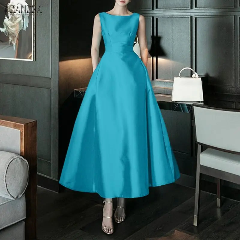 ZANZEA Women's Satin Midi Dress — Sleeveless A-Line Elegant Work Sundress