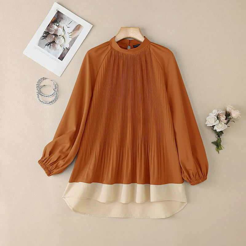 ZANZEA Women's Patchwork Blouse — Long Lantern Sleeve Pleated Work Shirt