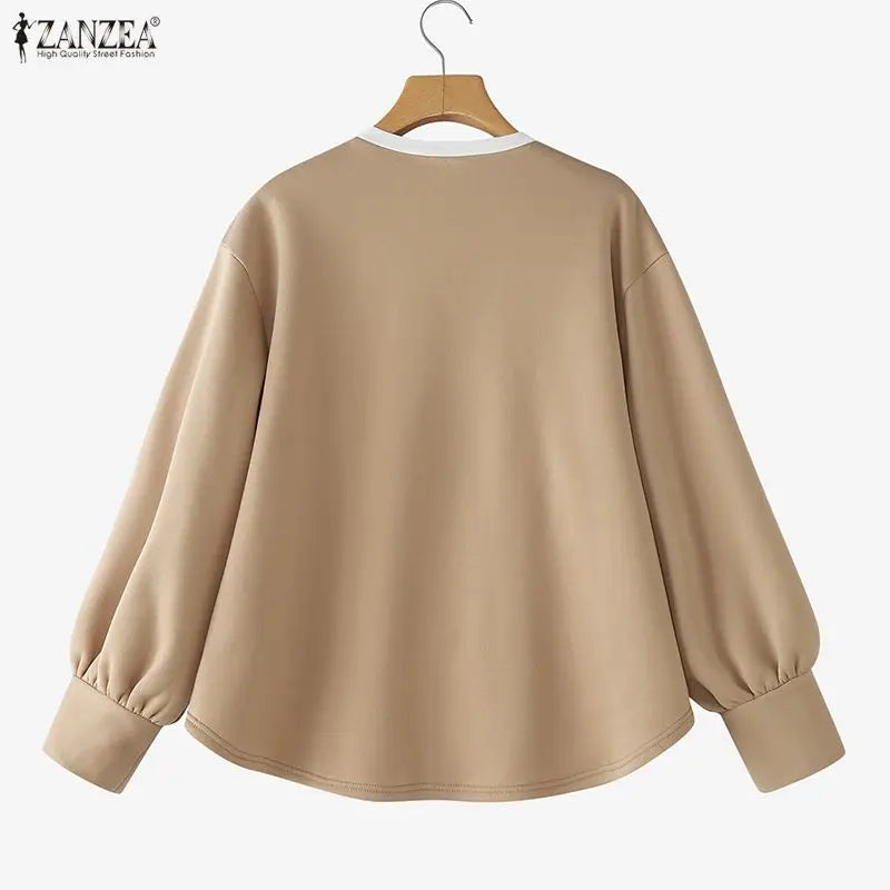 ZANZEA Women's Patchwork Sweatshirt — Fake 2-Piece Long Sleeve Pullover Top
