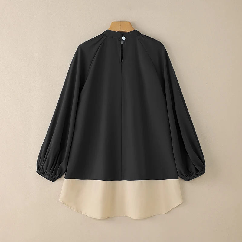 ZANZEA Women's Patchwork Blouse — Long Lantern Sleeve Pleated Work Shirt
