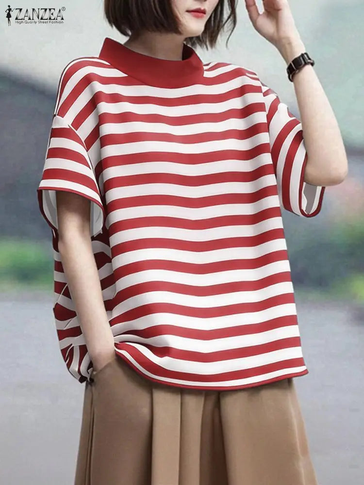 ZANZEA Women's Striped Blouse — Half Sleeve Stand Collar Office Top