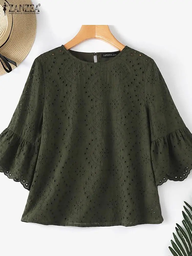 ZANZEA Women's Lace Crochet Blouse — 3/4 Sleeve Hollow Out Embroidery Work Top