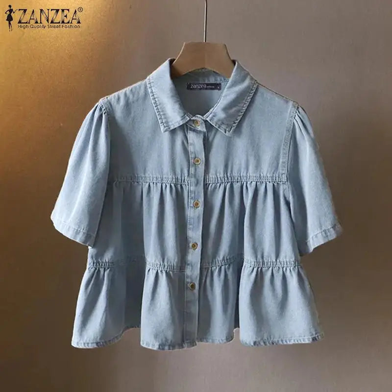 ZANZEA Women's Denim Blouse — Lapel Neck Short Sleeve Ruffled Holiday Shirt