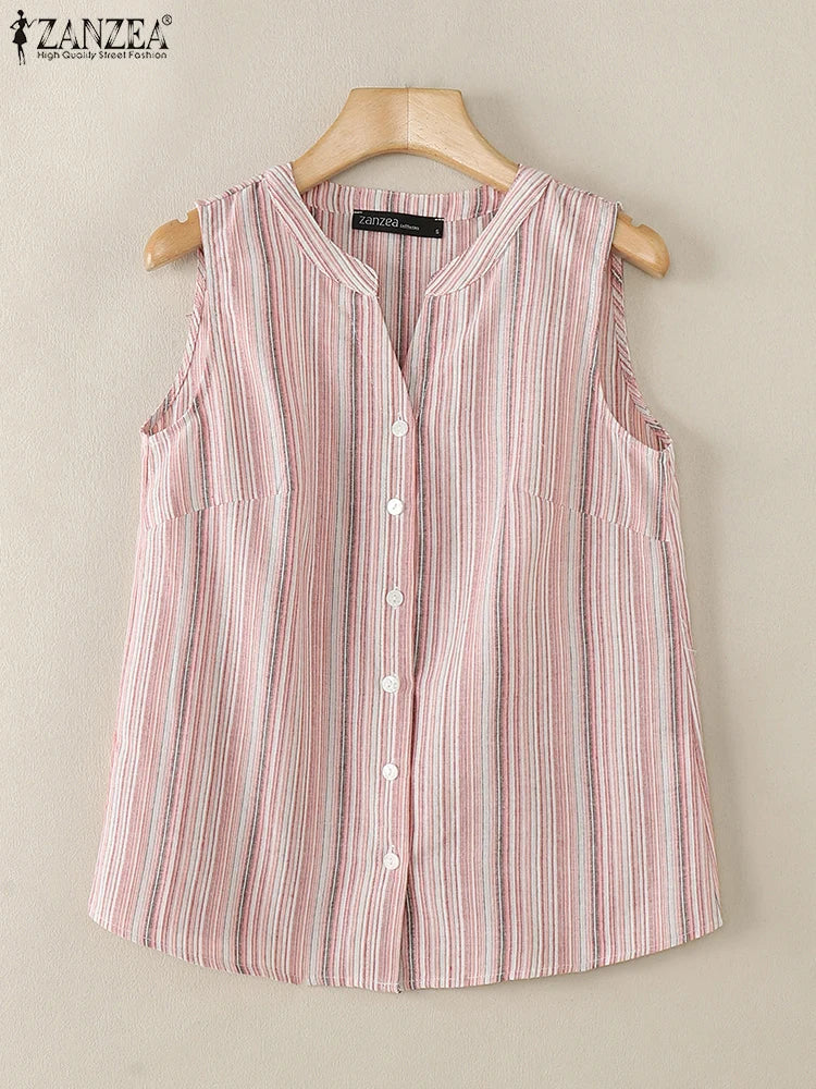 ZANZEA Women's Striped Button-Down Tank Top — Sleeveless V-Neck Cami Shirt