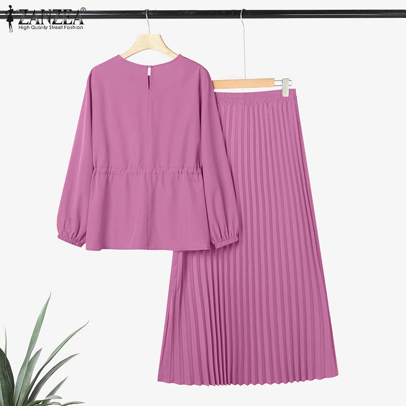 ZANZEA Women's 2-Piece Work Set — Long Sleeve Top & Pleated Maxi Skirt Outfit