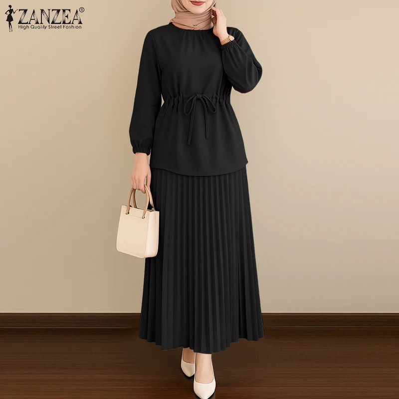 ZANZEA Women's 2-Piece Work Set — Long Sleeve Top & Pleated Maxi Skirt Outfit