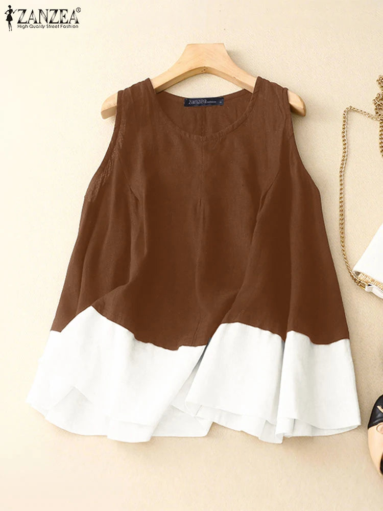 ZANZEA Women's Contrast Patchwork Tank Top — Loose Sleeveless Cotton Cami