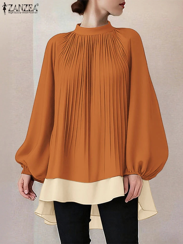 ZANZEA Women's Patchwork Blouse — Long Lantern Sleeve Pleated Work Shirt