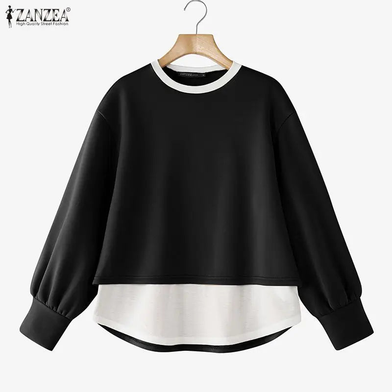 ZANZEA Women's Patchwork Sweatshirt — Fake 2-Piece Long Sleeve Pullover Top