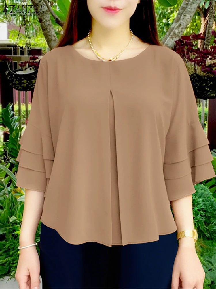 ZANZEA Women's Pleated Work Blouse — 3/4 Butterfly Sleeve Tunic Top