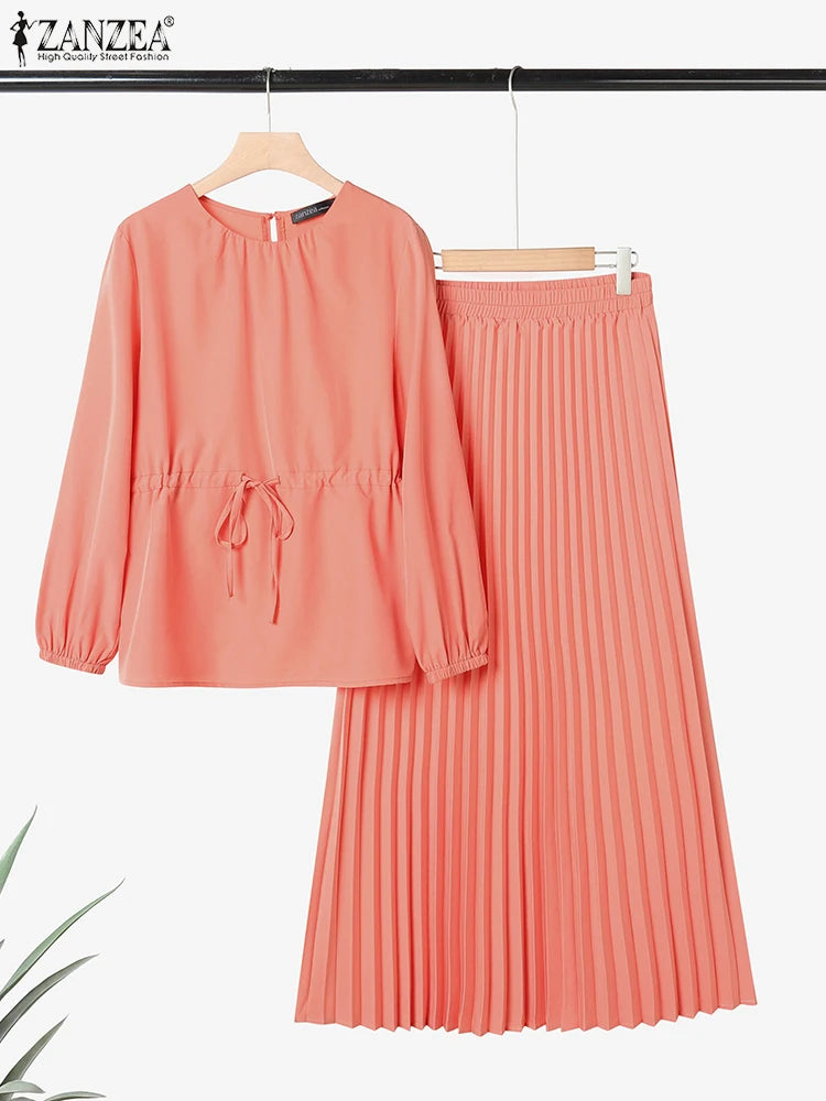 ZANZEA Women's 2-Piece Work Set — Long Sleeve Top & Pleated Maxi Skirt Outfit